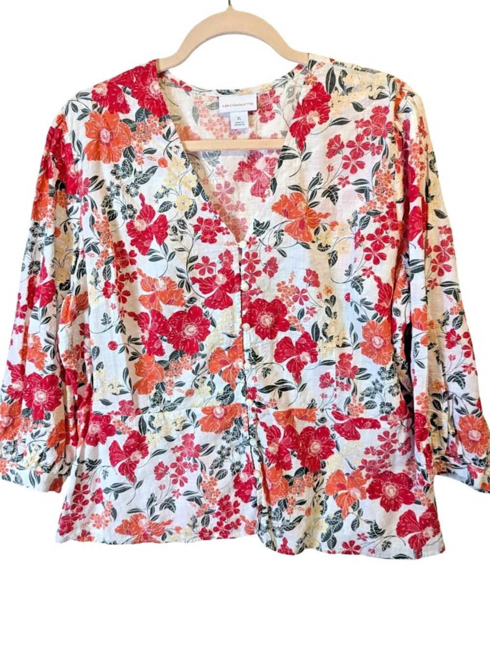 Liz Claiborne Blouse size XL Red Floral V-Neck Button Front Puffy Sleeve Top